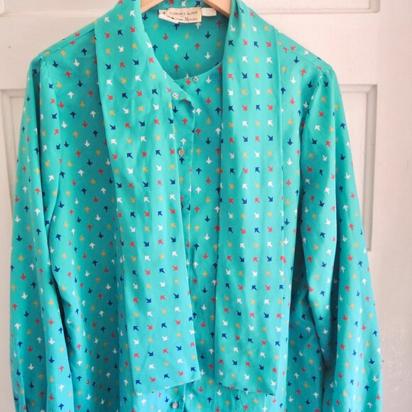 Vintage Florence Alper Neiman Marcus Teal Print Bow Blouse 18 (L/XL) - Picture 6 of 10
